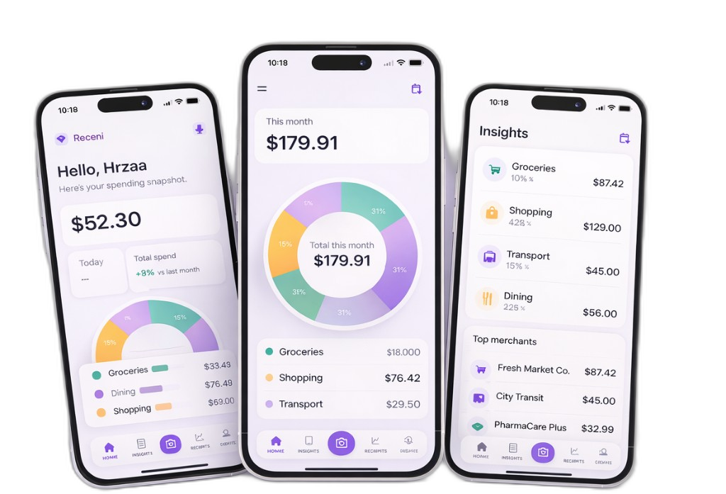 Receni app showing receipt scanning and expense dashboard on a phone